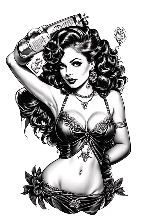 Black And Gray Pinup Girl Holding Bottle Poison