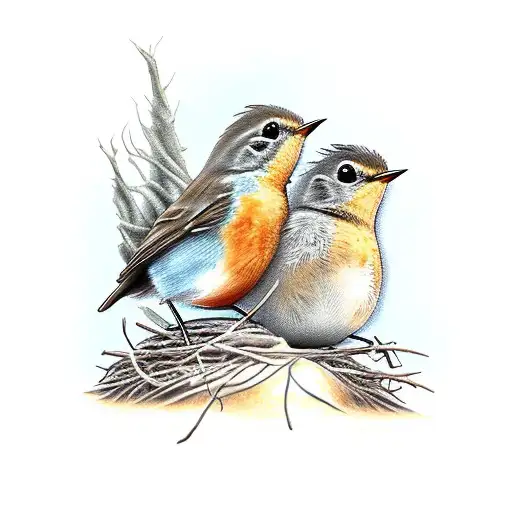 Baby Robins In A Nest With Larger Robin Next To Them