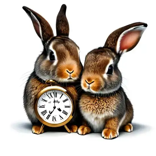 Father And Daugther Rabbit With Clock