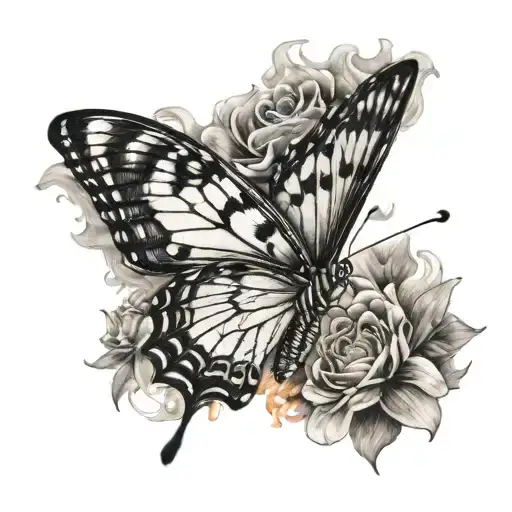 Burning Butterfly With Wing Burning And Flowers