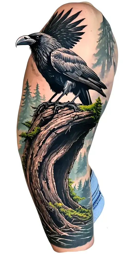 Forest Scene With A Giant Raven On Top