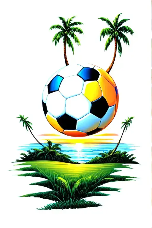 Soccer Ball Surrounded By Palm Trees Colors Sunset
