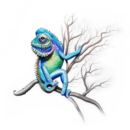 Rainbow Chameleon Walking On Branch With Word Hope In The Branch