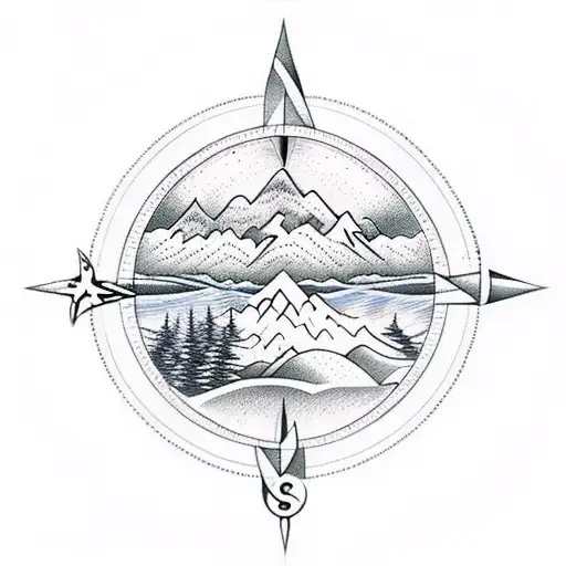 Ocean With Mountains Trees Stars Compass