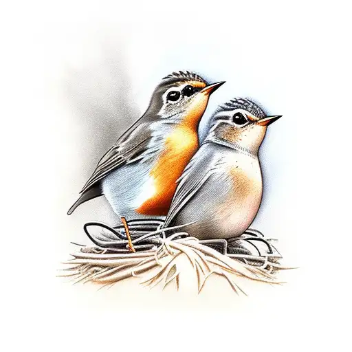 Baby Robins In A Nest With Larger Robin Next To Them