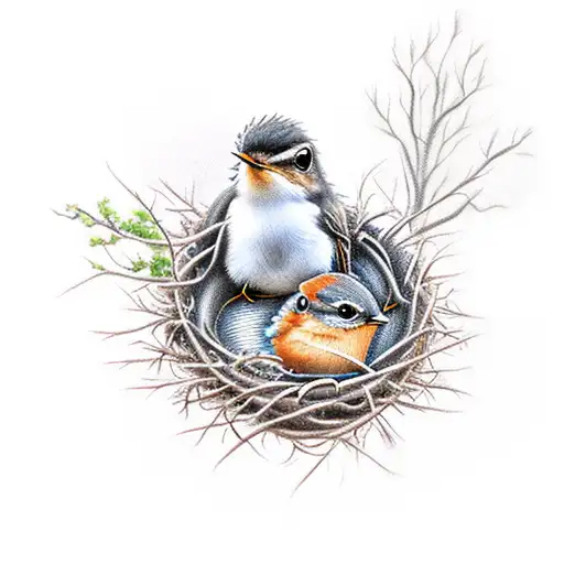 Baby Robins In A Nest With A Larger Robin Next To Them In A Tree