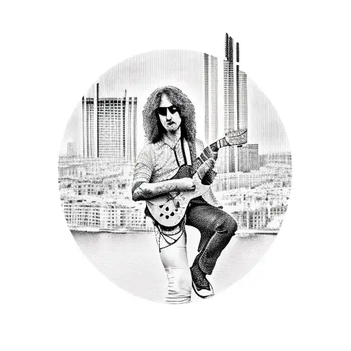 A Realistic Portrait Of Jimmy Page Playing Guitar With A Barcelona Cityscape As The Background