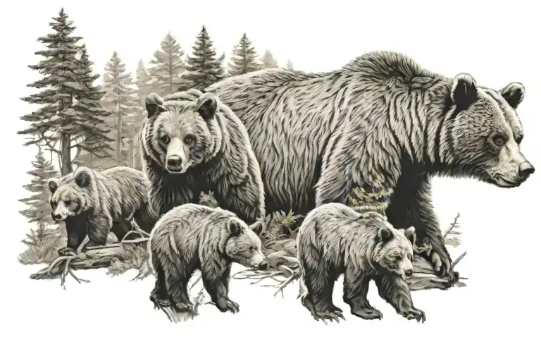 Grizzly Bear With 4 Bear Cubs In A Forest Trees Background Looking