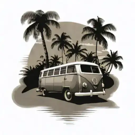 Black Gray And White Tattoo Of Vintage Volkswagen 23 Window Bus On Beach With Palm Trees