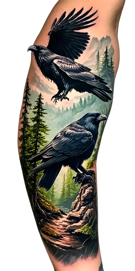 Forest Scene With A Giant Raven On Top