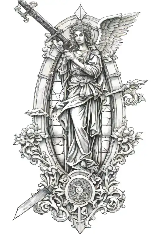 Cathedral Windows With Angel Holding A Sword
