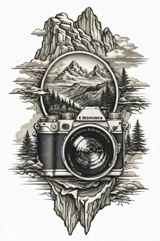 Camera Lens With A Mountain Landscape Inside