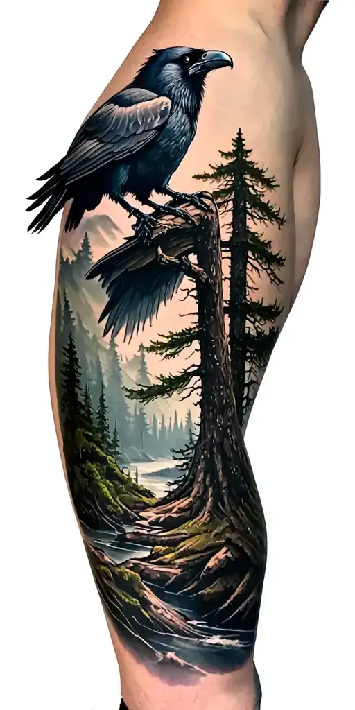 Forest Scene With A Giant Raven On Top