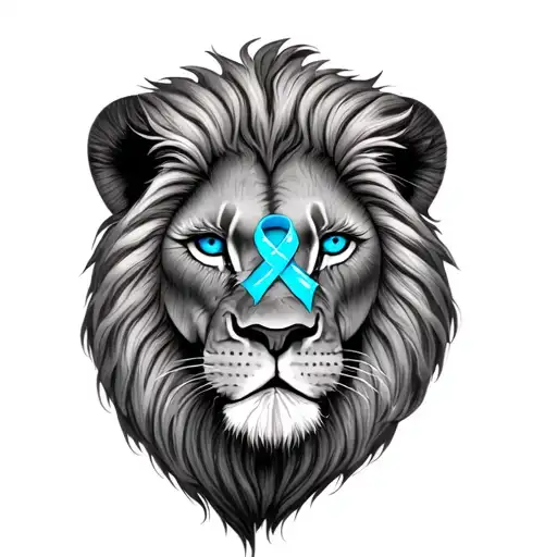 Lion With Cancer Ribbon Scar On Eye No Colored Ribbon And Blue Eyes