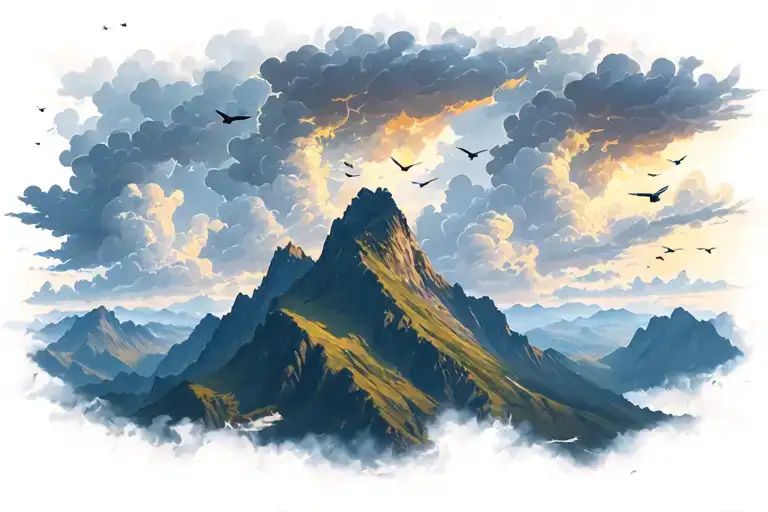 Storm Clouds Over A Mountain Range With Birds Flying Away