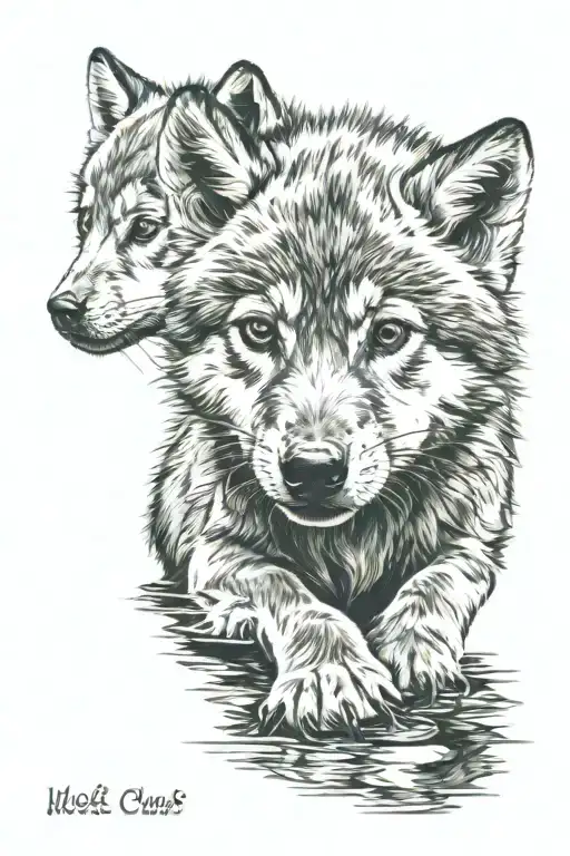 Wolf Cub With Wolf Reflection