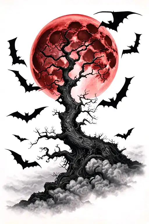 Poison Tree Red Moon In The Background Flying Bats And Clouds