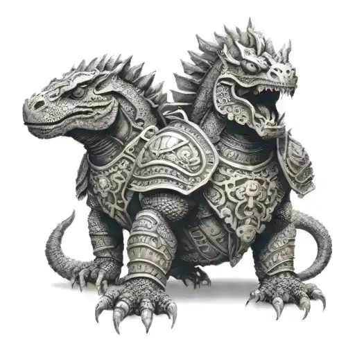 Aztec Warrior In A Komodo Dragon Style Armor With Two Komodo Dragons On Both Sides