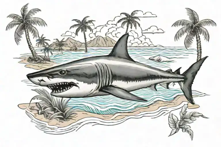 Beach With Palm Trees And Shark Swimming
