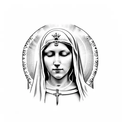 Virgin Mary With Rosary In Hands And Black And White Rays Behind Her