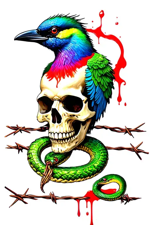 Skull Snakes Blood Barbed Wire Bird Colorful
