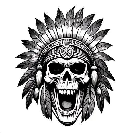 Mayan Warrior Skull With Indian Feathers Facing Front Screaming War Cry