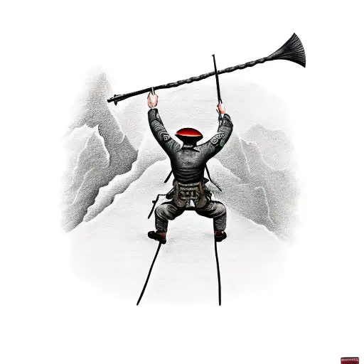 A Realistic Tattoo Of A World War Ii Soldier Climbing A Mountain Peak With A Pickaxe And A Backpack