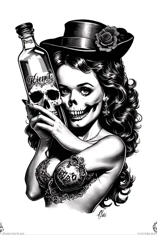 Black And Gray Pinup Girl Holding Bottle Poison Skull Instead