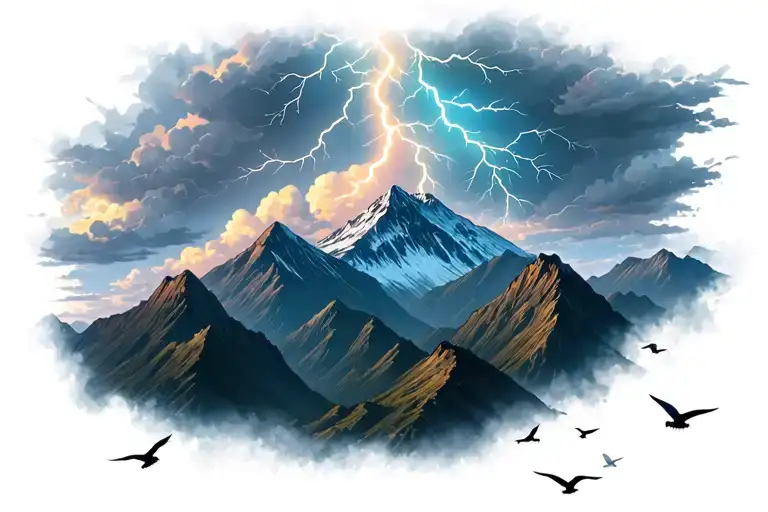 Lightning Storm Clouds Over A Mountain Range With Birds Flying Away