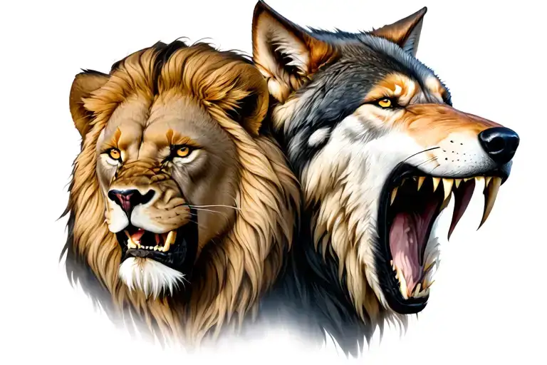 Fierce Lion And Wolf Connected Growling With Teeth