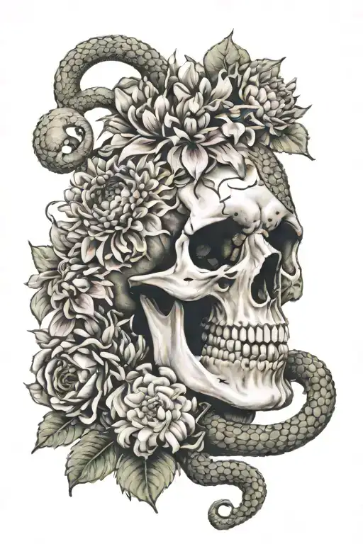 Gothic Skull With Snake And Chrysanthemums