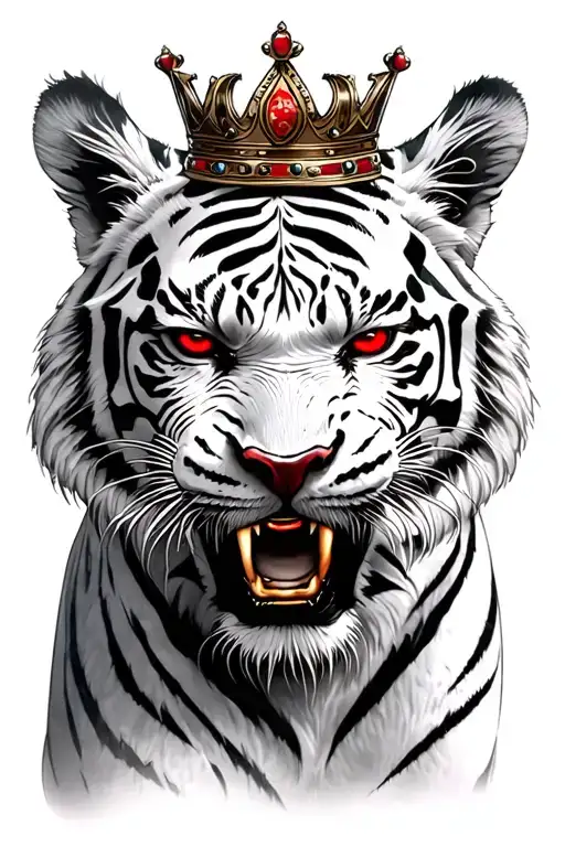 Angry White Tiger With Red Eyes And A Crown
