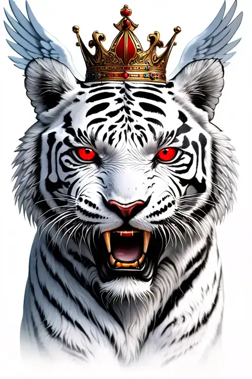 Angry White Tiger With Red Eyes With Angel Wings And A Crown