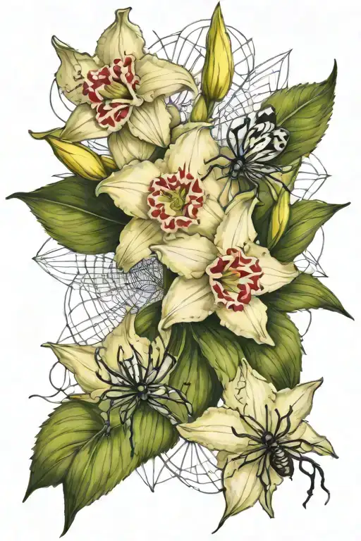 Narcissus Carnation Gladiolus Bouquet With Spider On A Spiderweb