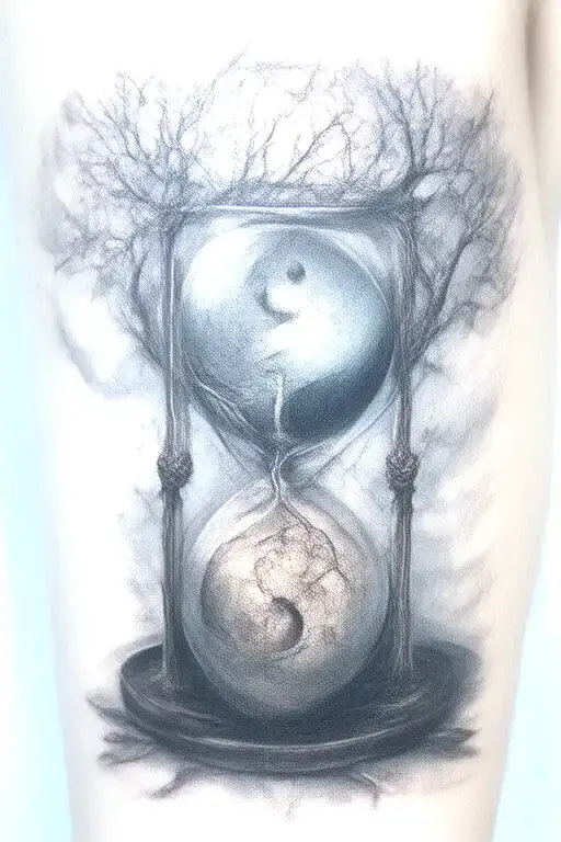 Defoliated Tree And Broken Sandless Hourglass Filled With No Leaves With Yin Yang