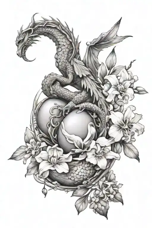 Greek Dragon Flying Protecting Egg And Orchid Flower