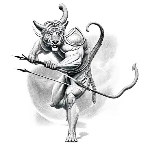 A Human Centaur With Bow And Arrow Fused With Two Twin Tigers