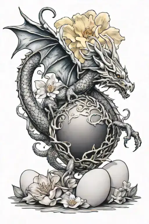 Flying Norse Dragon Breathing Fire Onto Egg And Orchid