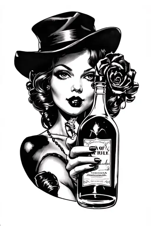 Black And Gray Pinup Girl Holding Bottle Poison
