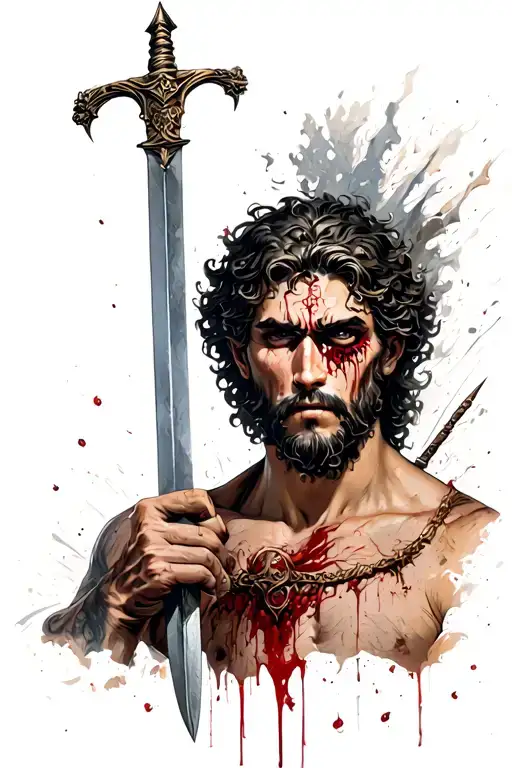 Greek God With A Scar Over His Eye Holding A Sword And Blood Dripping
