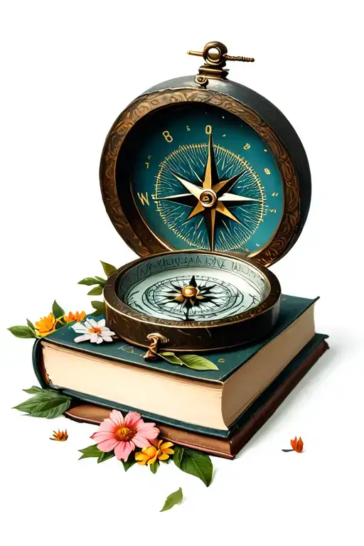 Compass On Book With Flowers And Animals