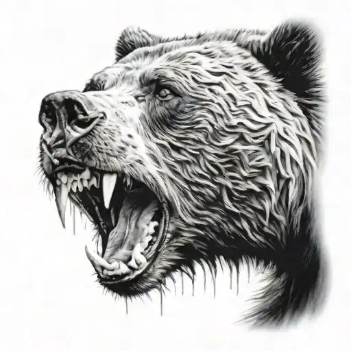 Black And Grey Bear With Open Mouth And Sharp Claws Tattoo With Bloody Scratches Under It