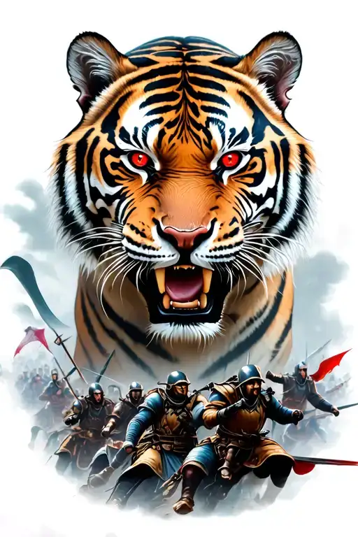 Angry Tiger With Red Eyes Surrounded By Warriors Riding Into Battle
