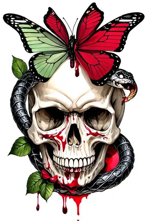 Skull Snakes Butterfly Red Rose Blood Barbed Wire