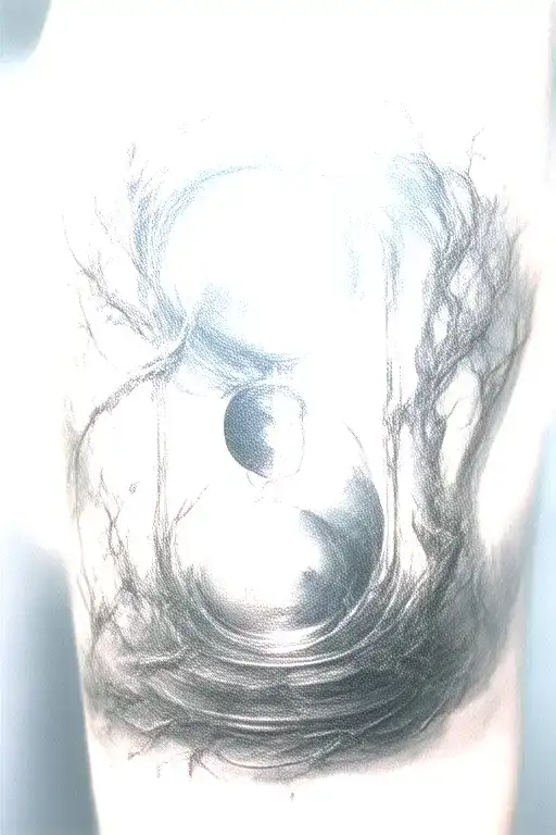 Defoliated Tree And Broken Sandless Hourglass Filled With No Leaves With Yin Yang