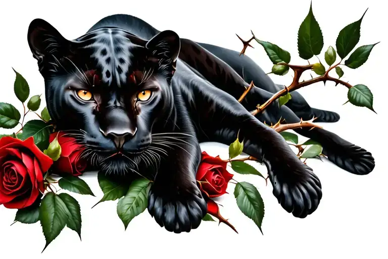 Black Panther Laying On Rose Stem With Thorns