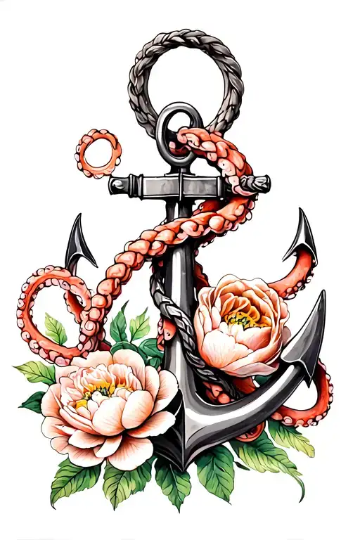 Octopus Tentacles Holding An Anchor With A Rope And A Peony Flower