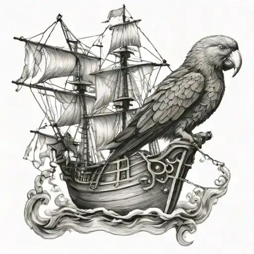 Pirate Ship And Parrot Perched