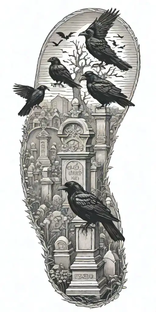 Graveyard With Ravens Sitting On Tombstones