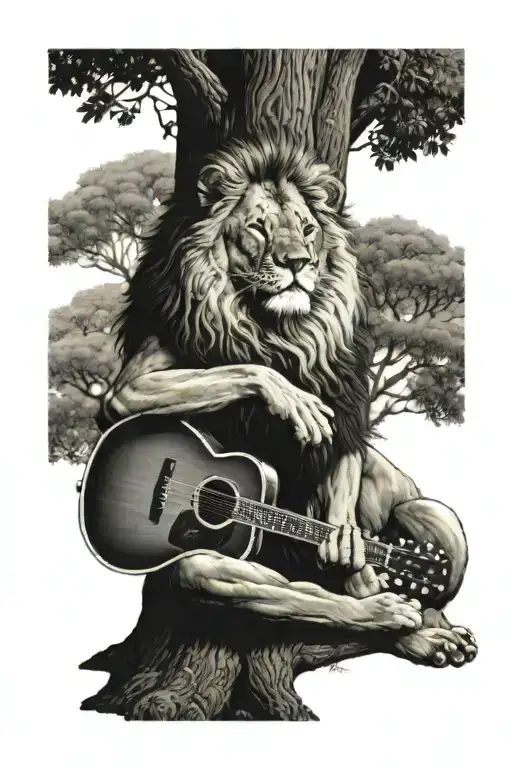 A Lion Meditating Under A Tree With A Guitar Beside It